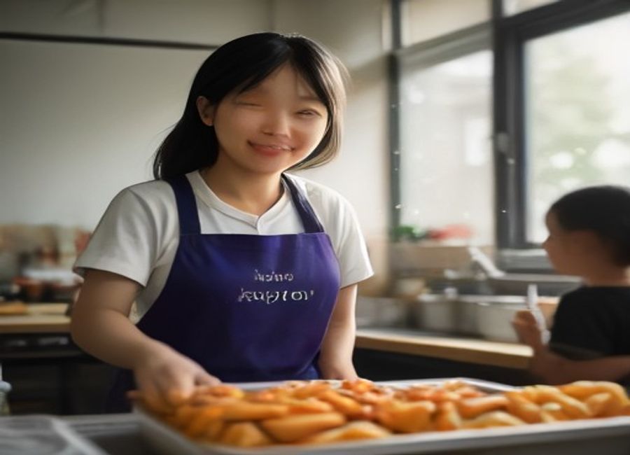 AI-generated image of a volunteer serving food to children and community members